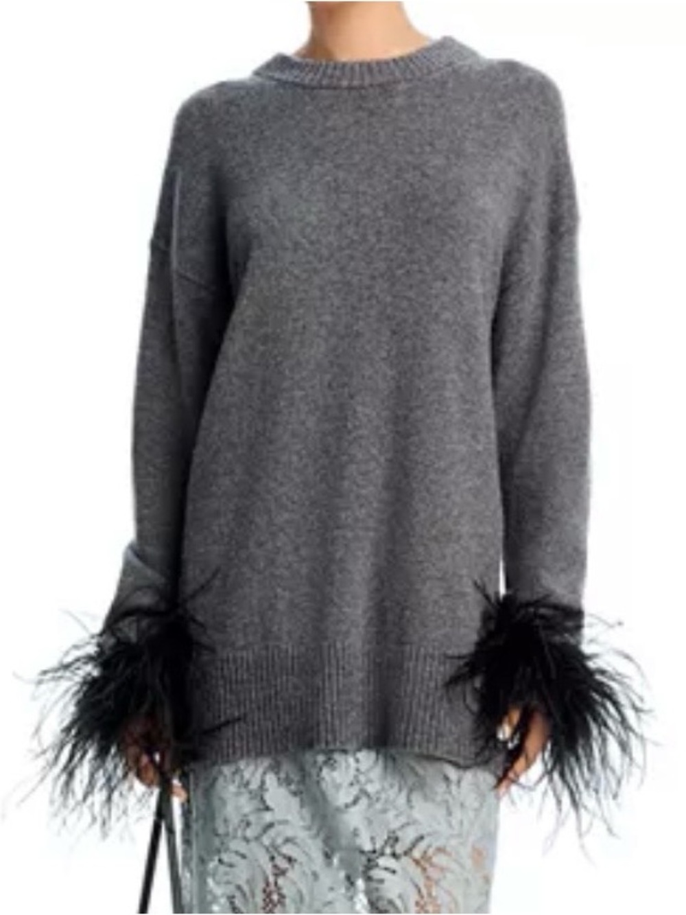 A.L.C. Wilda Ostrich Feather Trim Merino Wool Cashmere Crewneck Sweater Sz S NEW